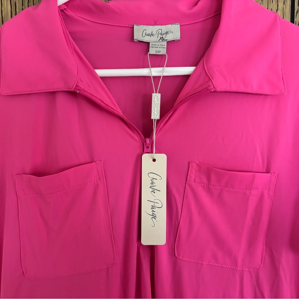 Charlie Paige Hot Pink Half-Zip Swim Coverup Dress - Picture 7 of 9